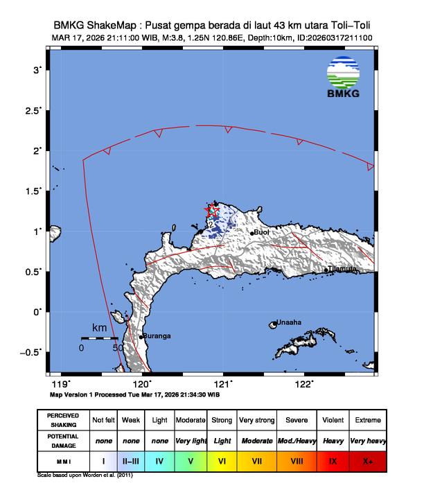 Gempa Magnitudo 3.8, 43km dari utara Toli-Toli