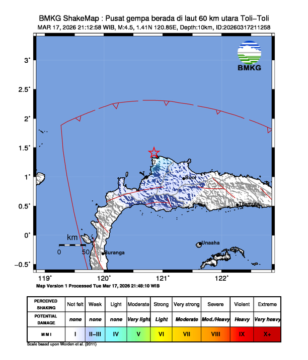 Gempa Magnitudo 4.5, 60km dari utara Toli-Toli