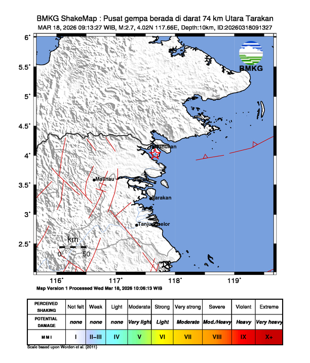 Gempa Magnitudo 2.7, 74km dari Utara Tarakan
