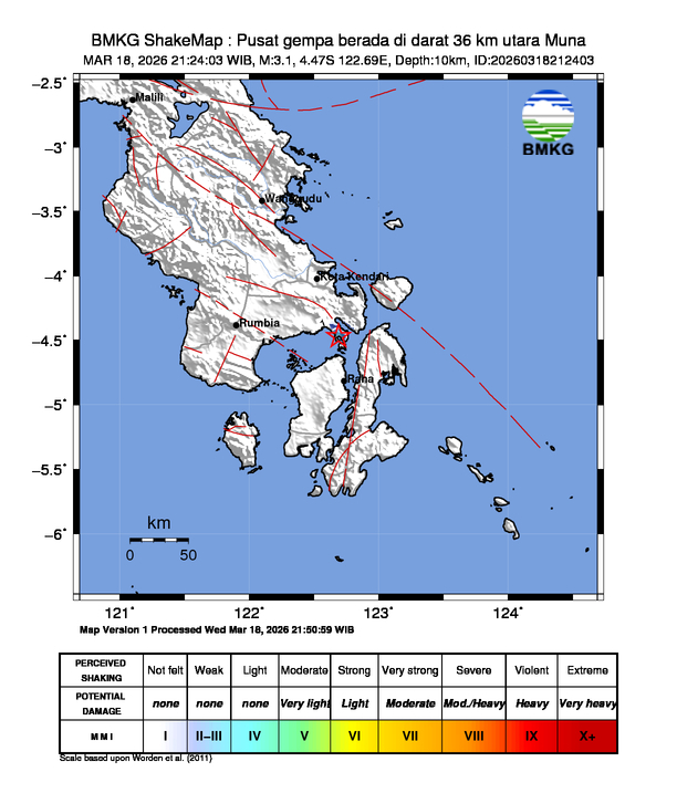 Gempa Magnitudo 3.1, 36km dari utara Muna