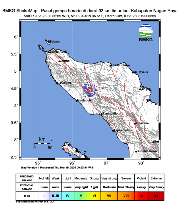 Gempa Magnitudo 3.5, 33km dari timur laut Kabupaten Nagan Raya