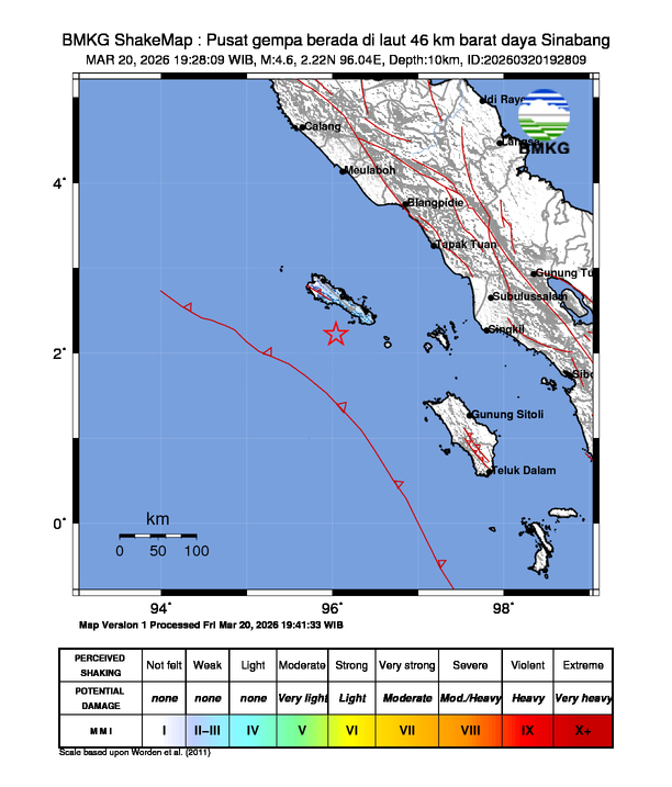 Gempa Magnitudo 4.6, 46km dari barat daya Sinabang