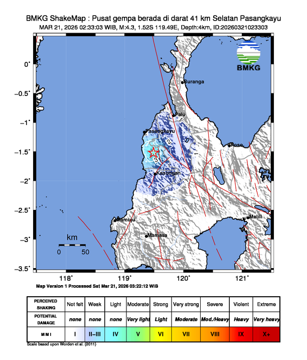Gempa Magnitudo 4.3, 41km dari Selatan Pasangkayu