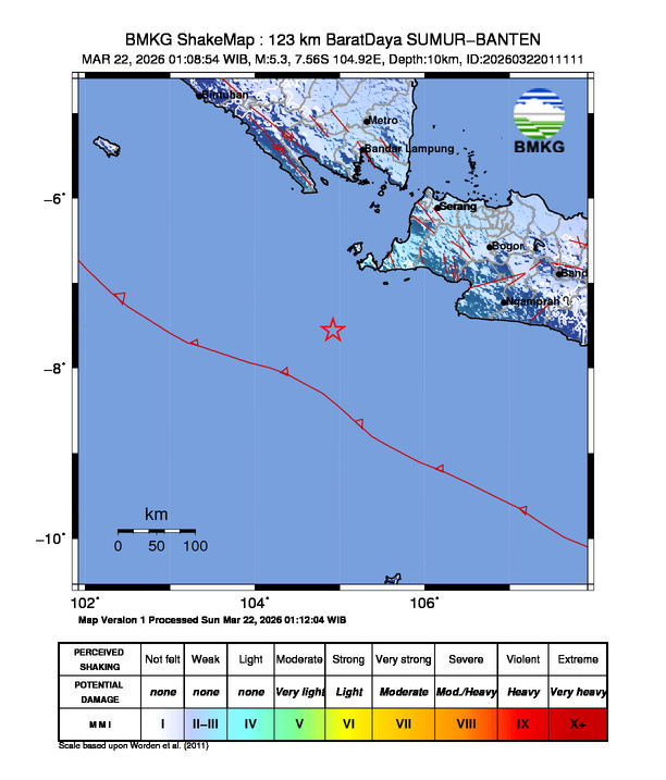 Gempa Magnitudo 5.3, 123km dari BaratDaya SUMUR-BANTEN