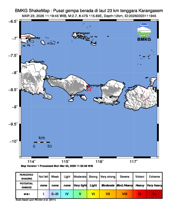 Gempa Magnitudo 2.7, 23km dari tenggara Karangasem