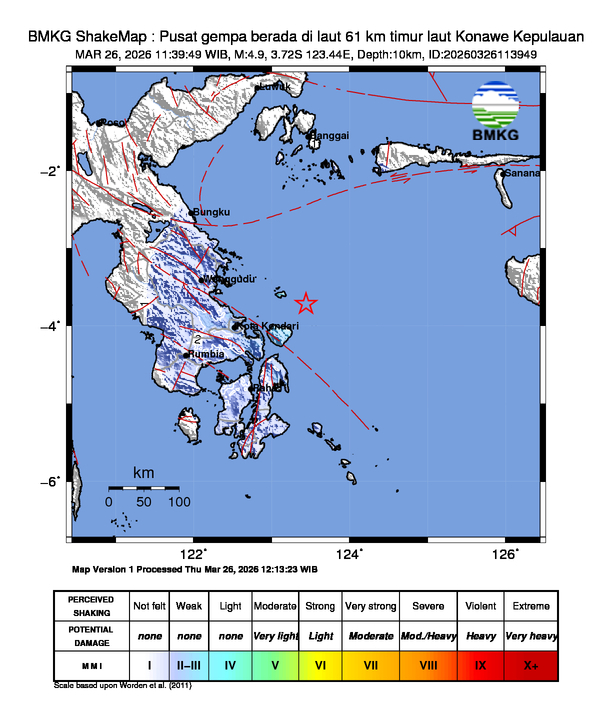 Gempa Magnitudo 4.9, 61km dari timur laut Konawe Kepulauan