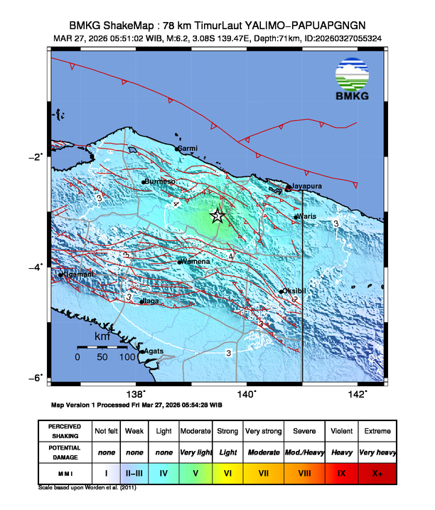 Gempa Magnitudo 6.2, 78km dari TimurLaut YALIMO-PAPUAPGNGN