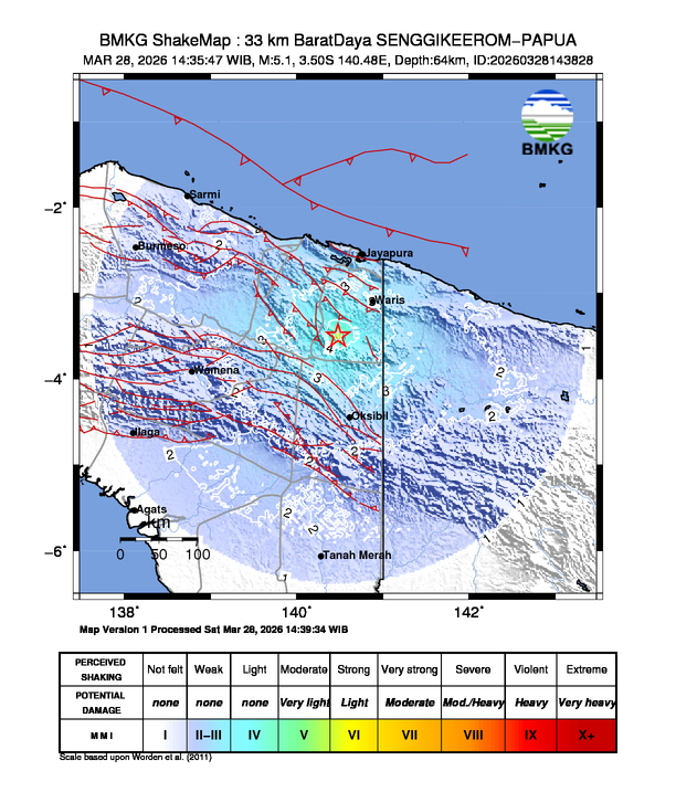 Gempa Magnitudo 5.1, 33km dari BaratDaya SENGGIKEEROM-PAPUA