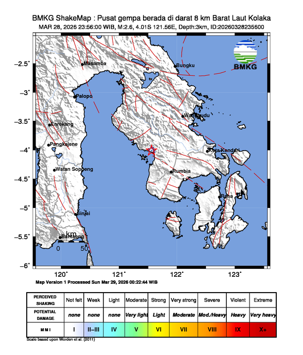 Gempa Magnitudo 2.6, 8km dari Barat Laut Kolaka
