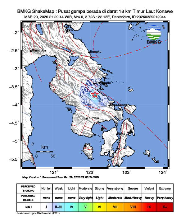 Gempa Magnitudo 4.0, 18km dari Timur Laut Konawe