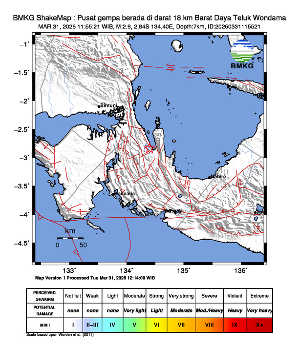 Gempa Magnitudo 2.9, 18km dari Barat Daya Teluk Wondama, Papua Barat