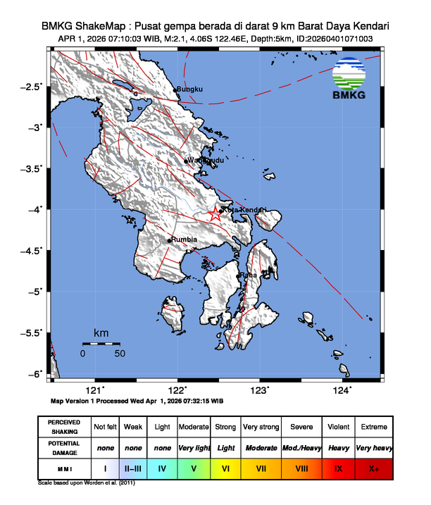 Gempa Magnitudo 2.1, 9km dari Barat Daya Kendari