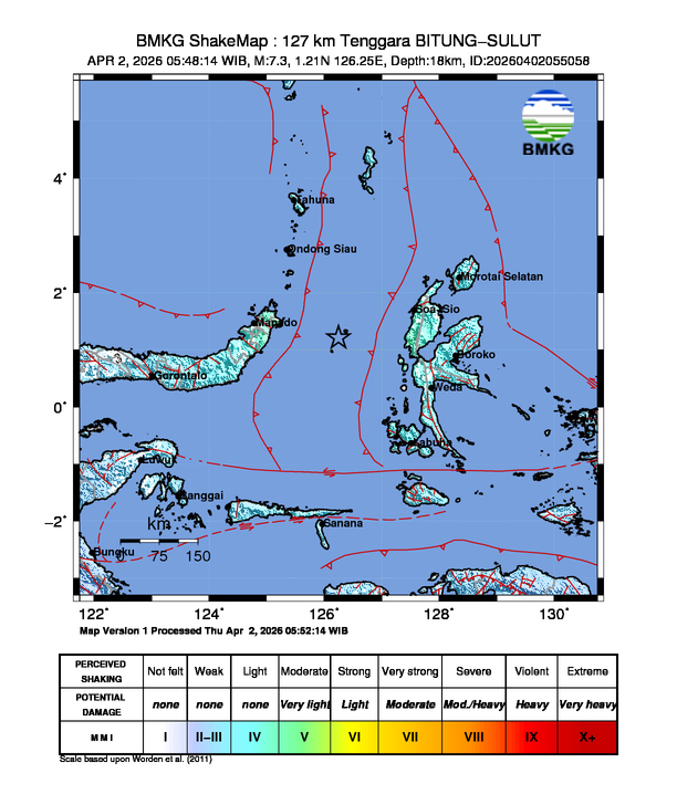 Gempa Magnitudo 7.3, 127km dari Tenggara BITUNG-SULUT
