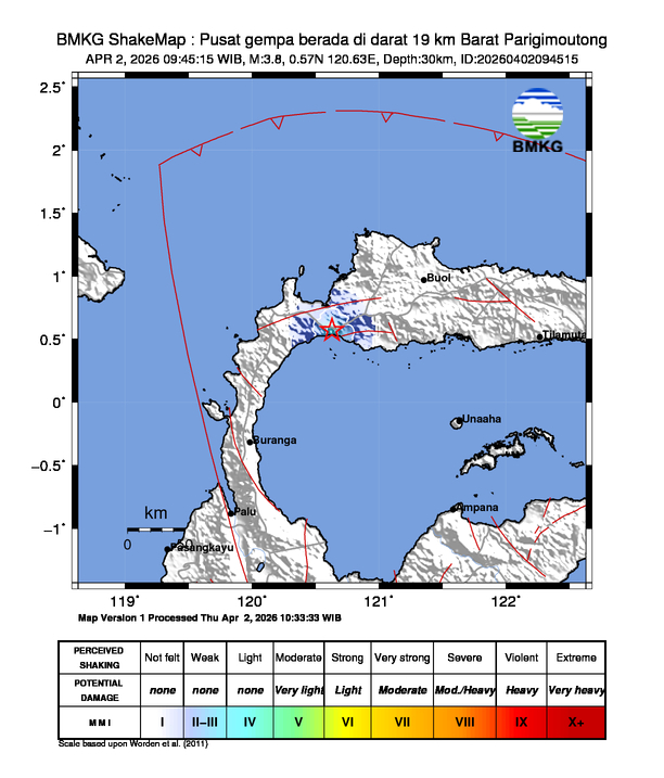 Gempa Magnitudo 3.8, 19km dari Barat Parigi Moutong, Sulawesi Tengah