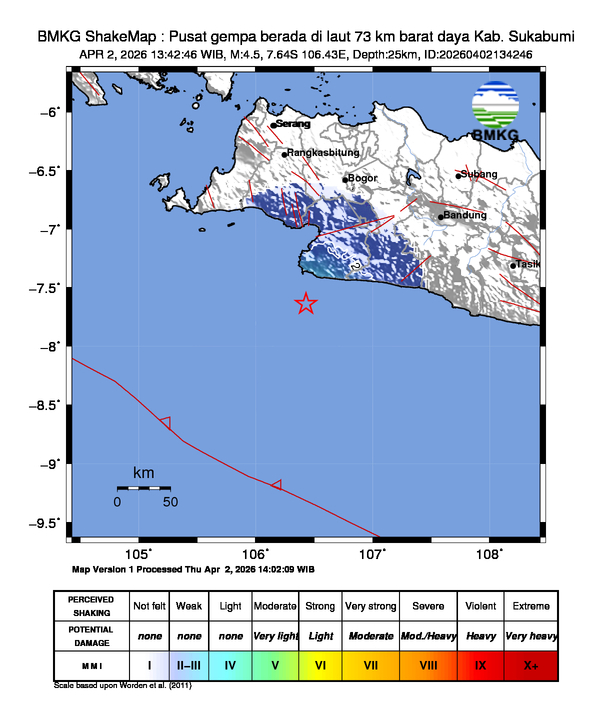 Gempa Magnitudo 4.5, 73km dari barat daya Kab. Sukabumi