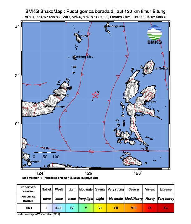Gempa Magnitudo 4.6, 130km dari timur Bitung