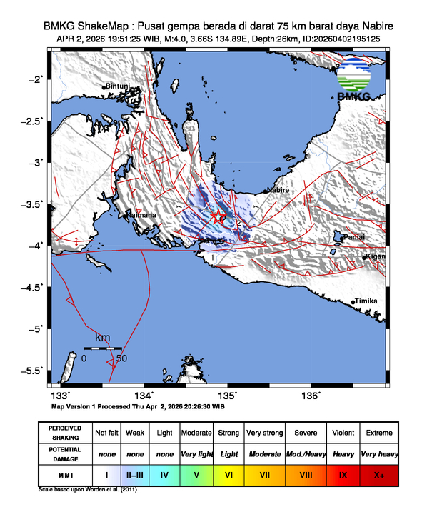 Gempa Magnitudo 4.0, 75km dari barat daya Nabire
