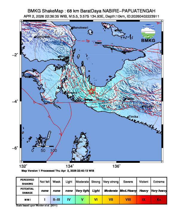 Gempa Magnitudo 5.5, 68km dari BaratDaya NABIRE-PAPUATENGAH