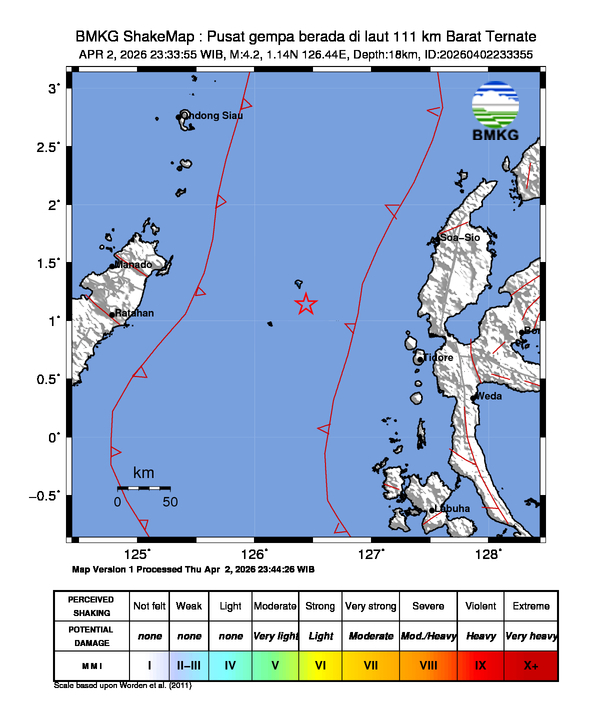 Gempa Magnitudo 4.2, 111km dari Barat Ternate