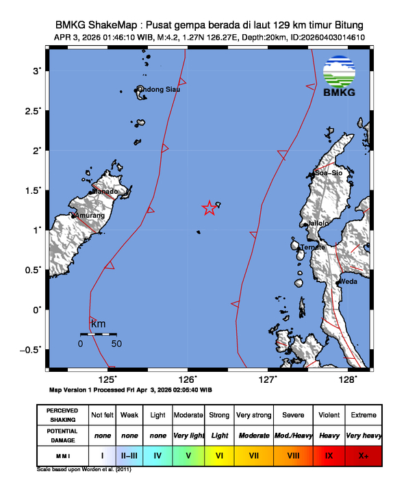 Gempa Magnitudo 4.2, 129km dari timur Bitung