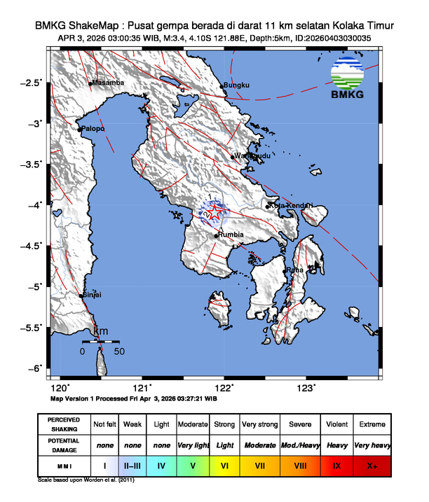 Gempa Magnitudo 3.4, 11km dari selatan Kolaka Timur