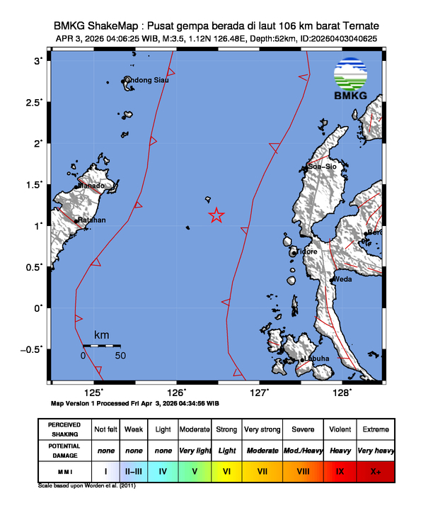 Gempa Magnitudo 3.5, 106km dari barat Ternate