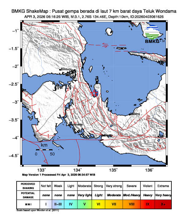 Gempa Magnitudo 3.1, 7km dari Barat Daya Teluk Wondama, Papua Barat