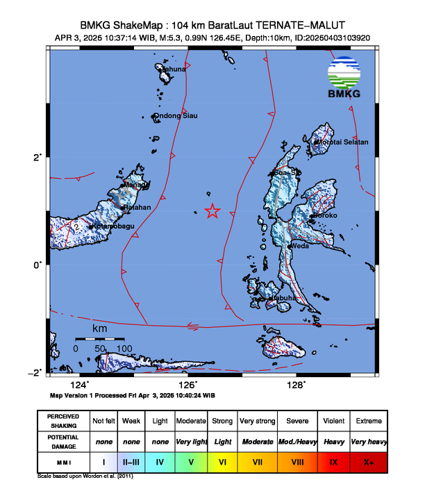 Gempa Magnitudo 5.3, 104km dari BaratLaut TERNATE-MALUT