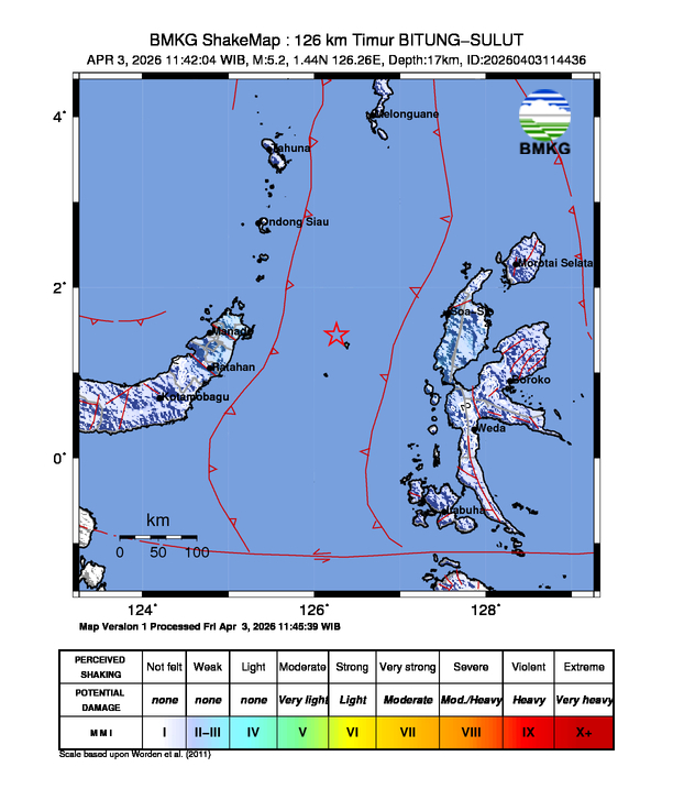 Peta gempa 126 km Timur BITUNG-SULUT