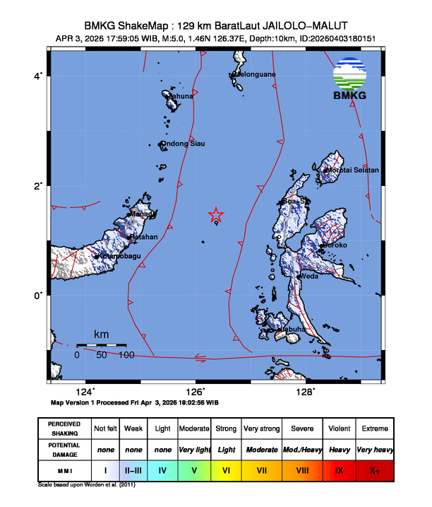 Peta gempa 129 km BaratLaut JAILOLO-MALUT