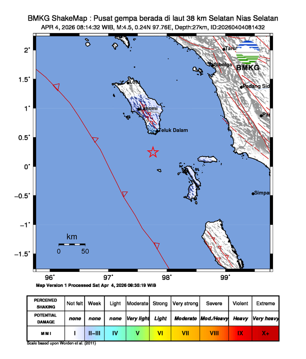 Gempa Magnitudo 4.5, 38km dari Selatan Nias Selatan, Sumatera Utara
