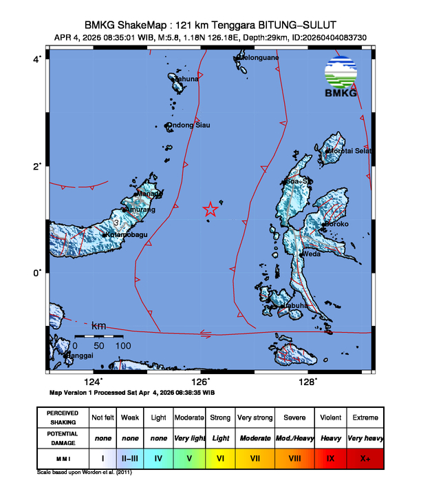 Peta gempa 121 km Tenggara BITUNG-SULUT