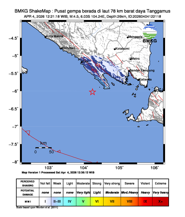 Gempa Magnitudo 4.5, 78km dari barat daya Tanggamus