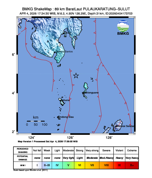 Peta gempa 89 km BaratLaut PULAUKARATUNG-SULUT