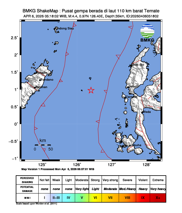 Gempa Magnitudo 4.4, 110km dari barat Ternate