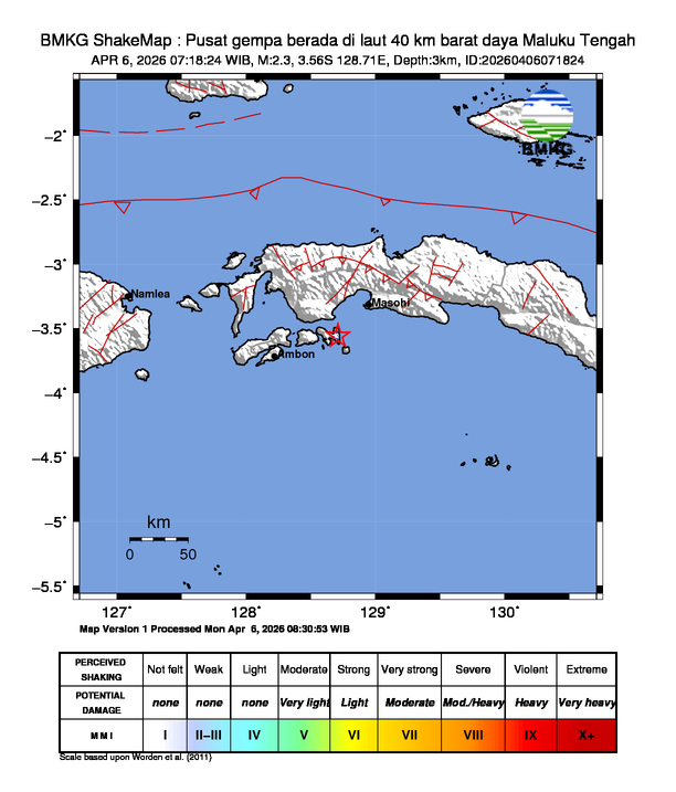 Gempa Magnitudo 2.3, 40km dari barat daya Maluku Tengah