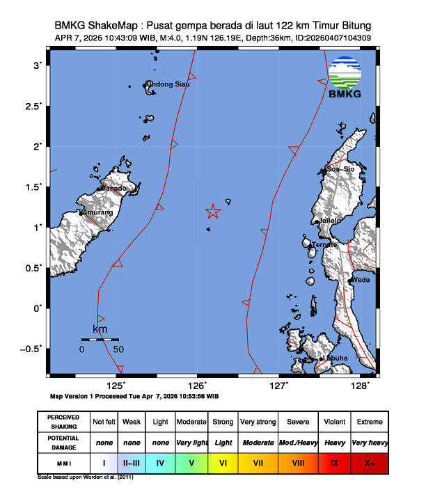 Gempa Magnitudo 4.0, 122km dari Timur Bitung