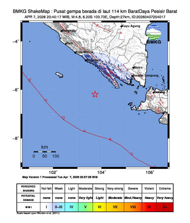 Gempa Magnitudo 4.8, 114km dari BaratDaya Pesisir Barat