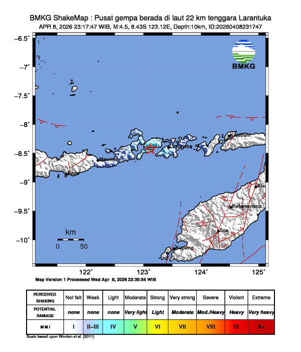Gempa Magnitudo 4.5, 22km dari tenggara Larantuka