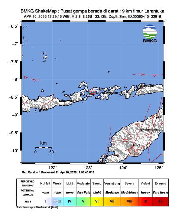 Gempa Magnitudo 3.8, 19km dari timur Larantuka