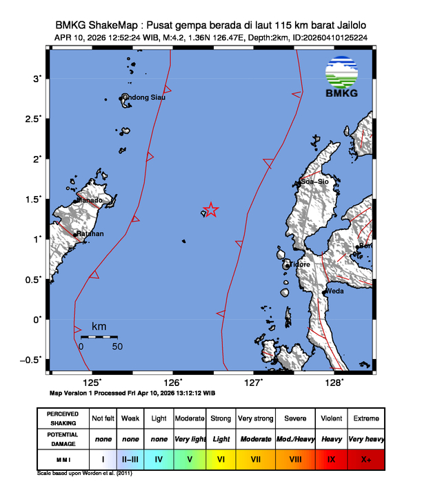 Gempa Magnitudo 4.2, 115km dari barat Jailolo