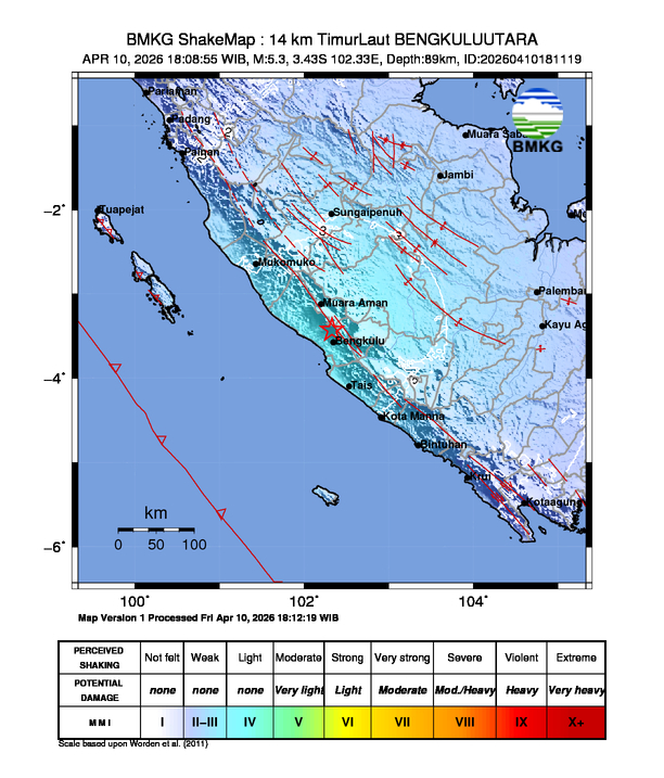 Gempa Magnitudo 5.3, 14km dari TimurLaut BENGKULUUTARA