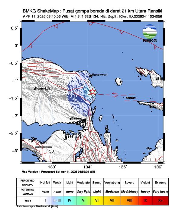 Gempa Magnitudo 4.3, 21km dari Utara Ransiki