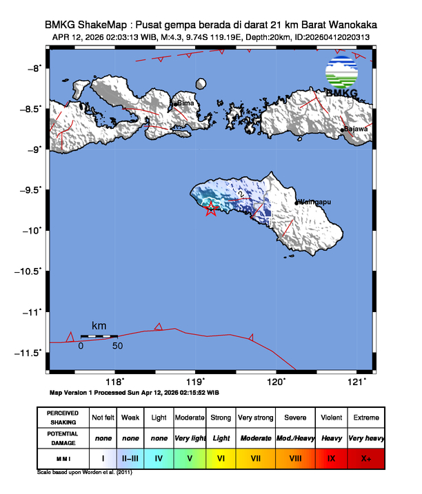 Gempa Magnitudo 4.3, 21km dari Barat Wanokaka