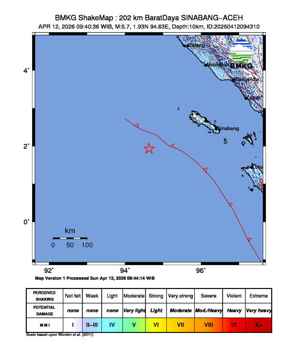 Peta gempa 202 km BaratDaya SINABANG-ACEH