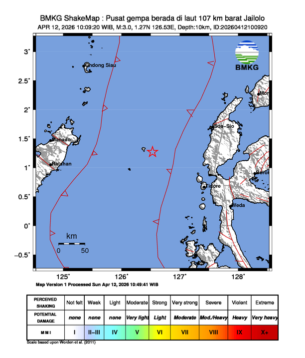 Gempa Magnitudo 3.0, 107km dari barat Jailolo
