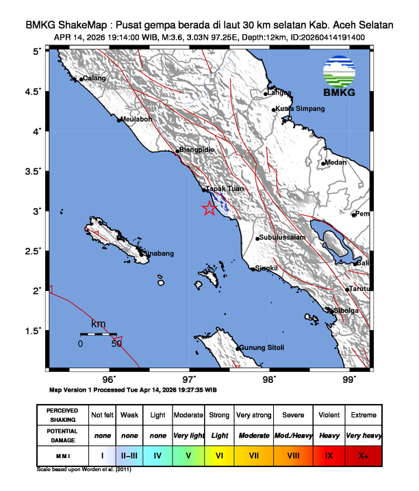 Gempa Magnitudo 3.6, 30km dari selatan Kab. Aceh Selatan