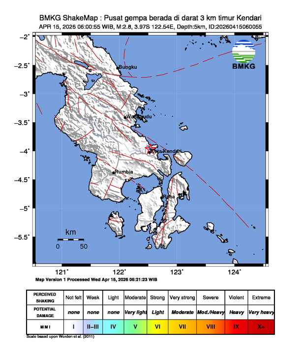 Gempa Magnitudo 2.8, 3km dari timur Kendari