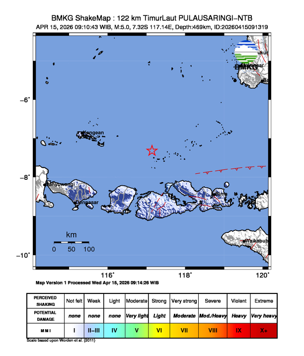 Peta gempa 122 km TimurLaut PULAUSARINGI-NTB