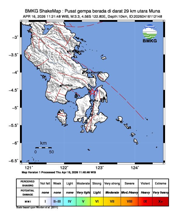 Gempa Magnitudo 3.3, 29km dari utara Muna